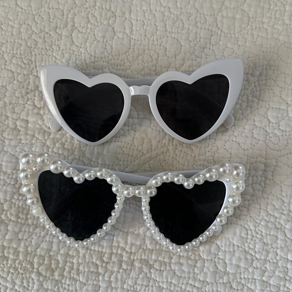 Heart-Shaped White Sunglasses with Pearl Accents
